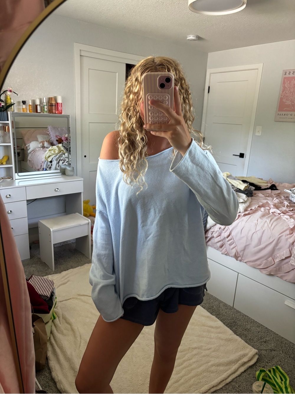 aerie Light Blue Off-Shoulder Sweatshirt